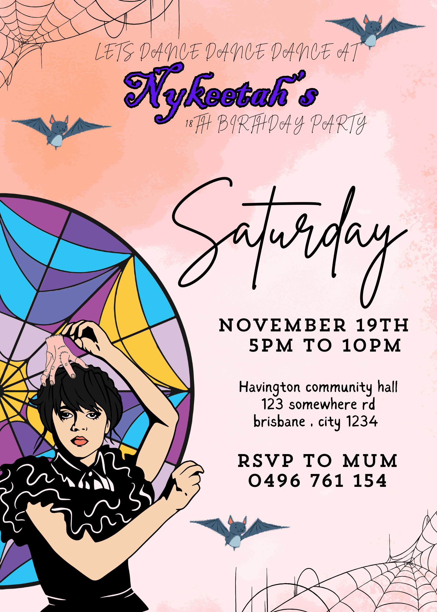 Gothic-style Wednesday Addams birthday invitation featuring black and purple tones, a cartoon version of Wednesday holding a balloon, and spooky birthday details with customizable name, age, date, and location.