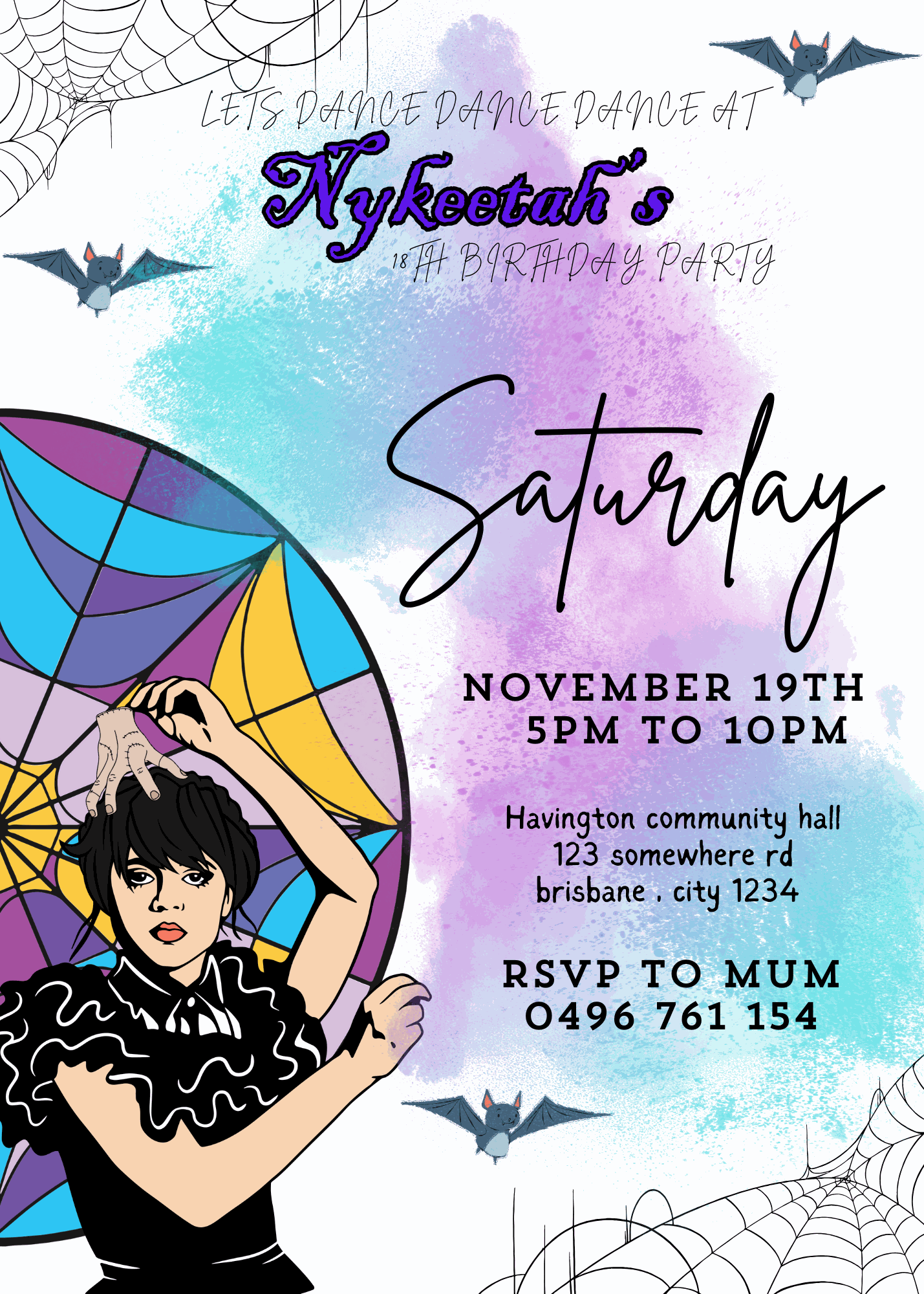 Gothic-style Wednesday Addams birthday invitation featuring black and purple tones, a cartoon version of Wednesday holding a balloon, and spooky birthday details with customizable name, age, date, and location.