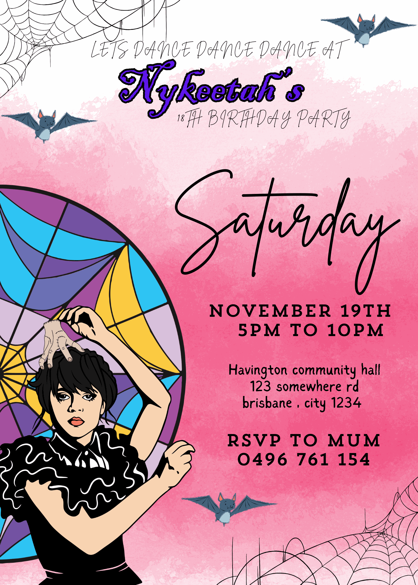 Gothic-style Wednesday Addams birthday invitation featuring black and purple tones, a cartoon version of Wednesday holding a balloon, and spooky birthday details with customizable name, age, date, and location.
